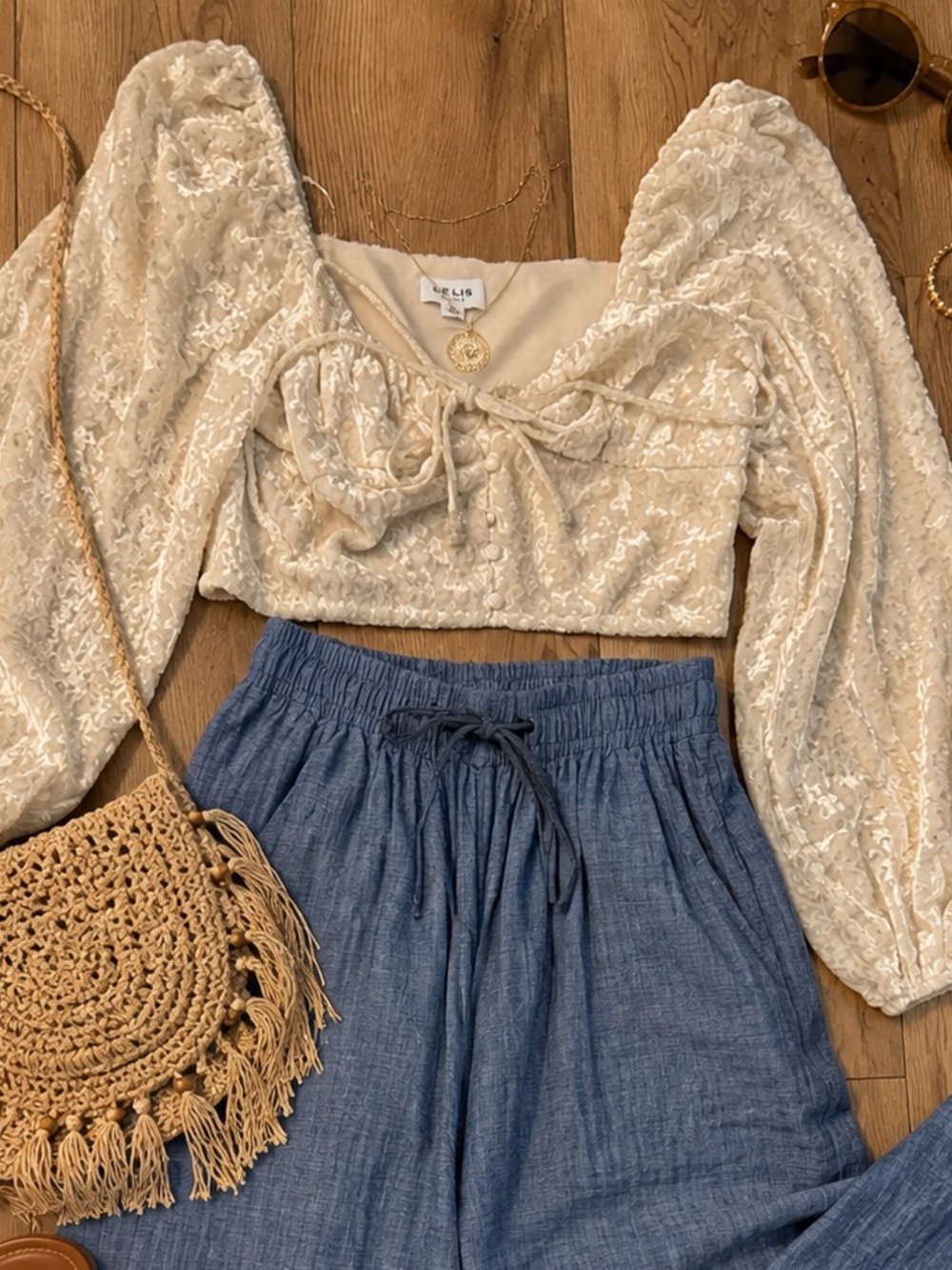 Le Lis Cream Lace Puff-Sleeve Top with Blue Wide-Leg Pants